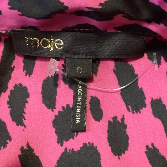 Maje Fuchsia Pink Leopard Silky Gathered Shoulder Peter Pan Collar Blouse XS - Picture 9 of 12